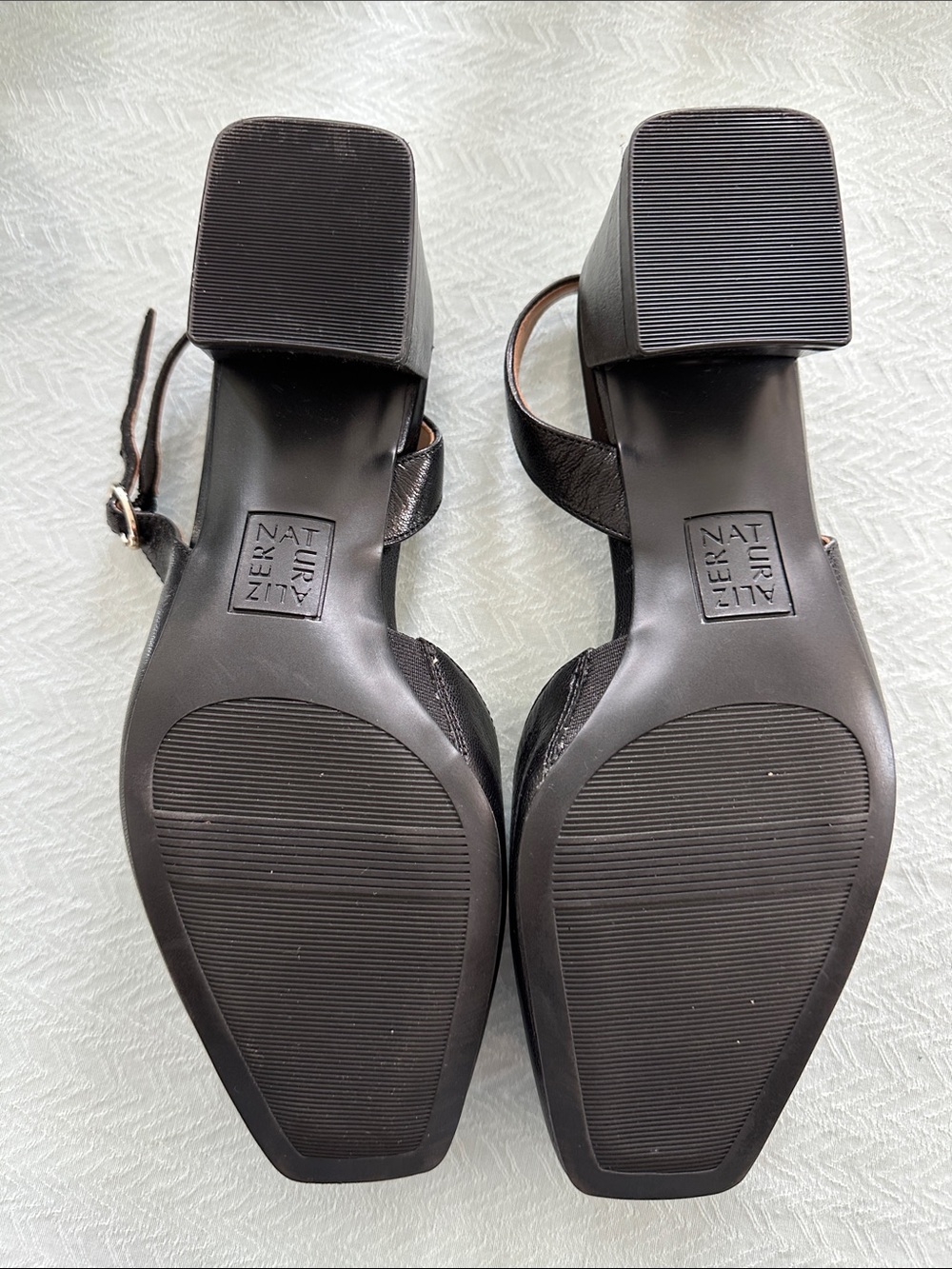 Naturalizer Black Square-Toe Slingback Pump. Black Leather 1 1/2 - 2 “ Heel. - Picture 3 of 5